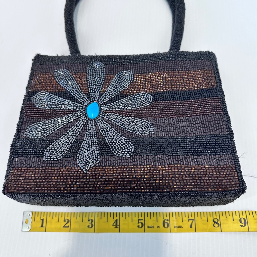 Black Beaded Flower Handbag Evening Bag Turquoise Accent‎ - Picture 7 of 10